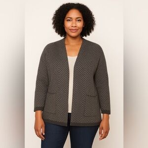 J. Jill Gray Herringbone Open Front Wool Blend Cardigan Size M Cozy Classic